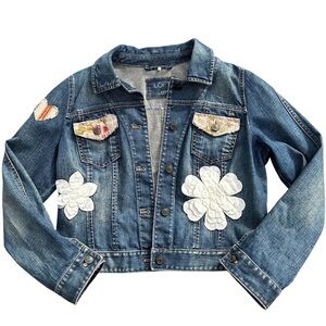 LOFT Blue Denim Jacket with Customized Floral Accents – Women’s Size 12P